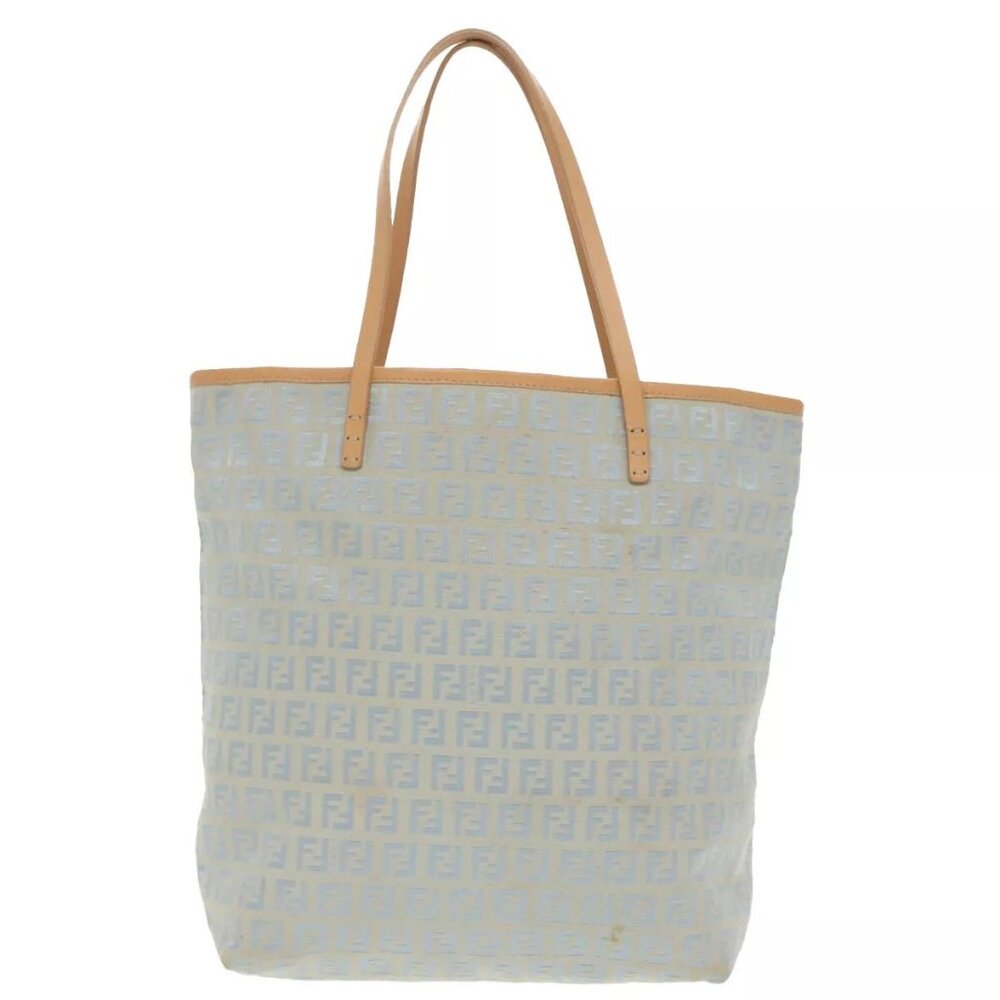 FENDI Zucchino Canvas Tote Bag Light Blue Brown Silver Auth